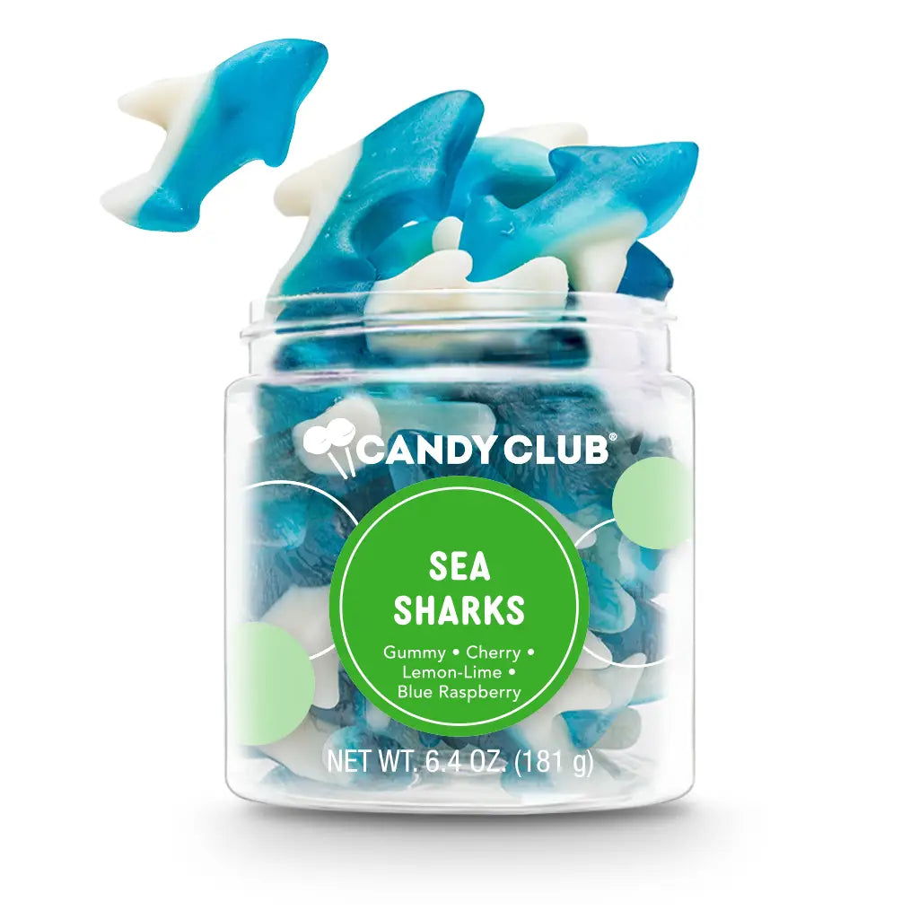 Avery’s Sea Sharks from Candy Club — fruity shark-shaped gummies in cherry, lemon-lime, and blue raspberry flavors, available at Sweet Impressions by Avery.