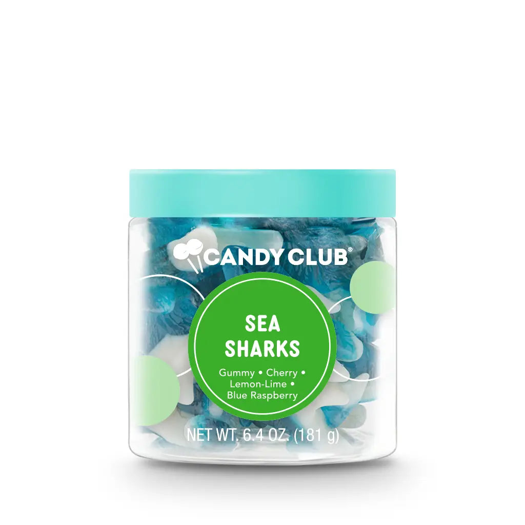 Avery’s Sea Sharks from Candy Club — fruity shark-shaped gummies in cherry, lemon-lime, and blue raspberry flavors, available at Sweet Impressions by Avery.