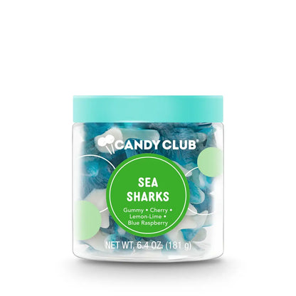 Avery’s Sea Sharks from Candy Club — fruity shark-shaped gummies in cherry, lemon-lime, and blue raspberry flavors, available at Sweet Impressions by Avery.
