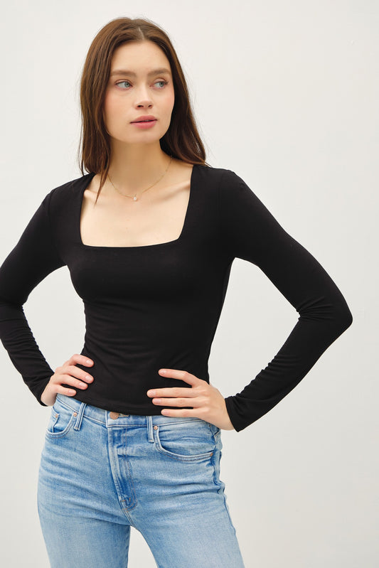 Black square neck long sleeve knit top — Soft Square Long Sleeve Top (Black) from Frost Impressions Boutique.
