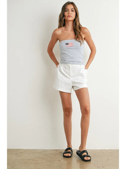 Navy striped strapless tube top with embroidered American flag detail and stretchy fit