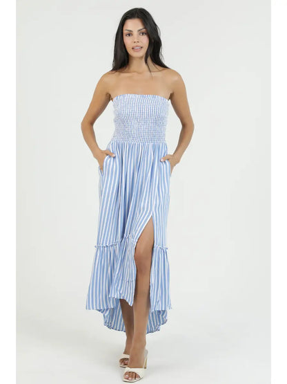 Blue striped strapless maxi dress with smocked bodice, ruffle details, and flowy silhouette