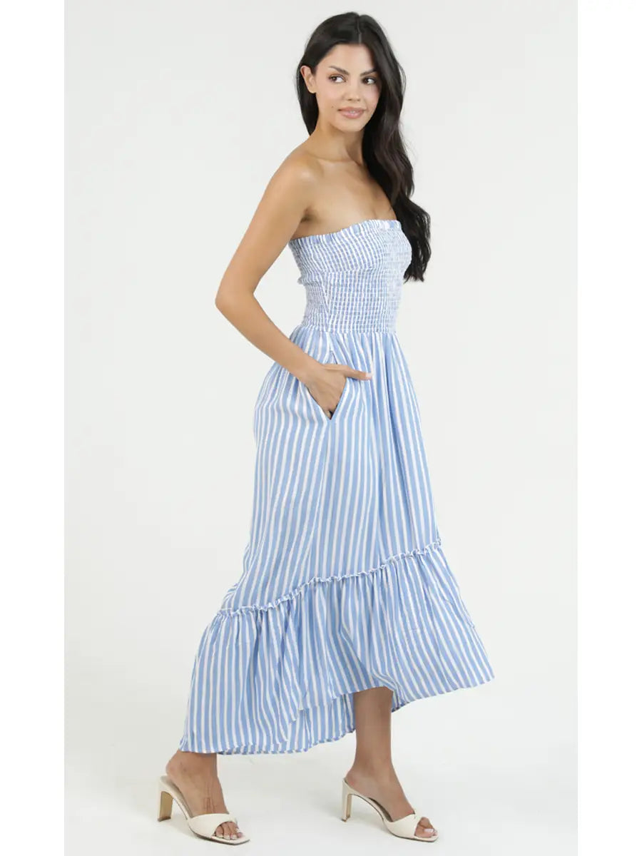 Blue striped strapless maxi dress with smocked bodice, ruffle details, and flowy silhouette