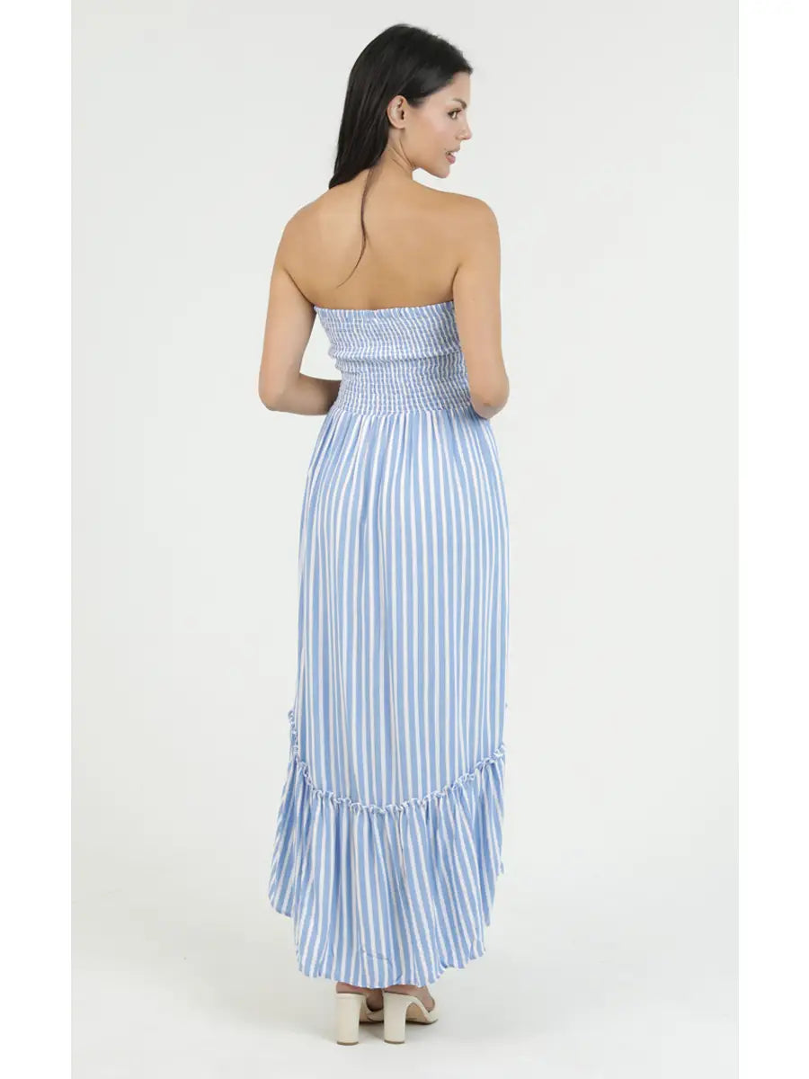 Blue striped strapless maxi dress with smocked bodice, ruffle details, and flowy silhouette