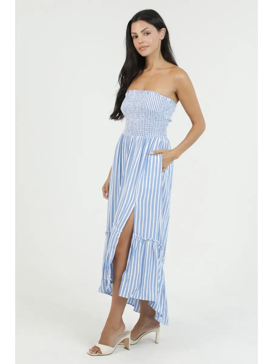 Blue striped strapless maxi dress with smocked bodice, ruffle details, and flowy silhouette