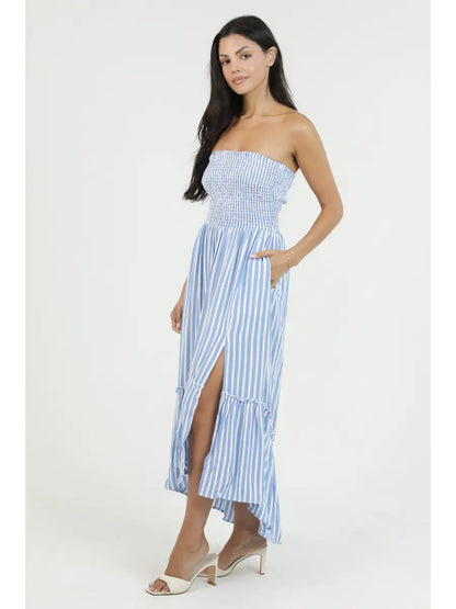 Blue striped strapless maxi dress with smocked bodice, ruffle details, and flowy silhouette