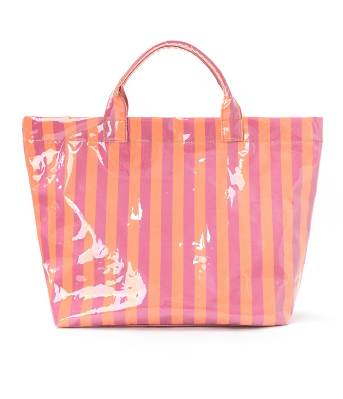 Fuchsia and orange striped PVC tote bag with large capacity and zipper pocket