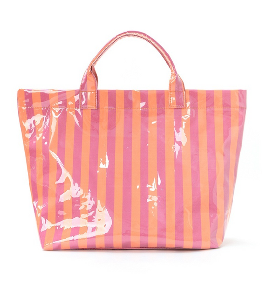 Fuchsia and orange striped PVC tote bag with large capacity and zipper pocket
