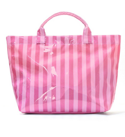 Hot pink and light pink striped PVC tote bag with waterproof finish and large capacity