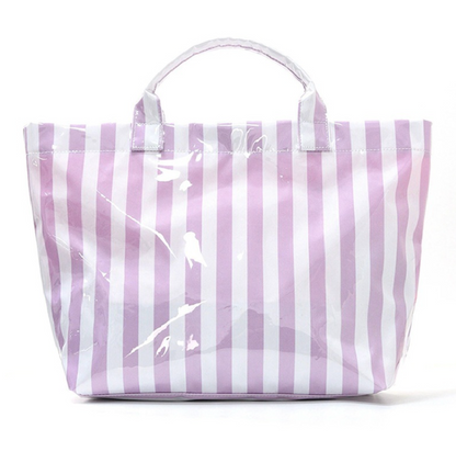 Lavender and white striped PVC tote bag with structured waterproof design