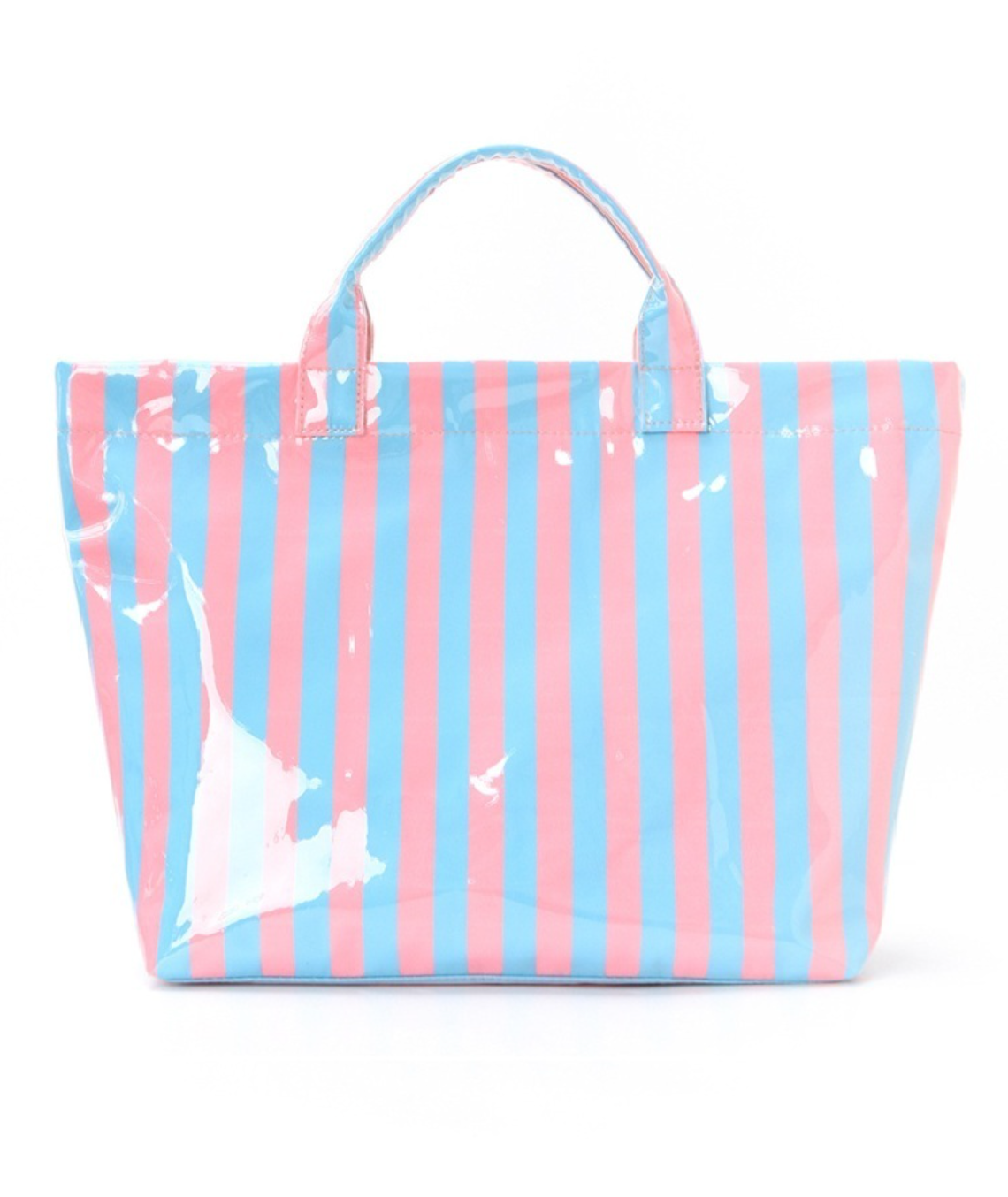 Pink and blue striped PVC tote bag with large capacity and waterproof material