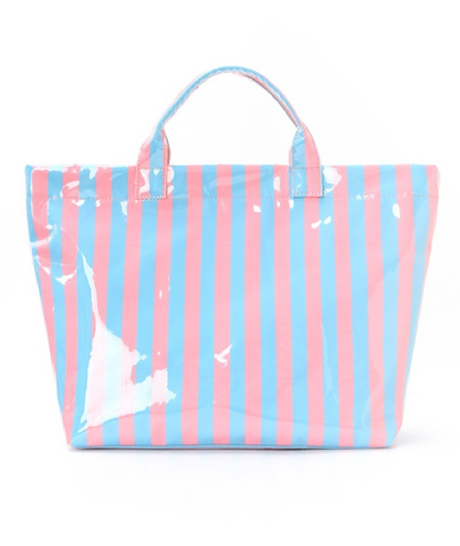 Pink and blue striped PVC tote bag with large capacity and waterproof material