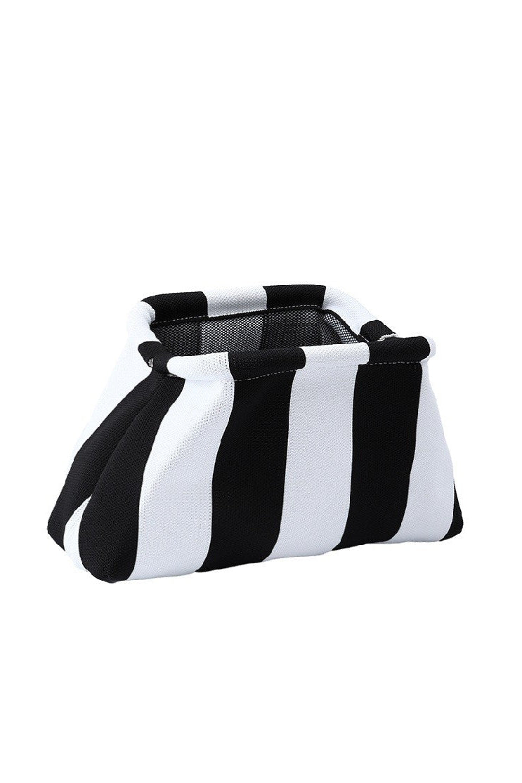 Black and white striped woven kiss-lock clutch with ruched design and cloud frame