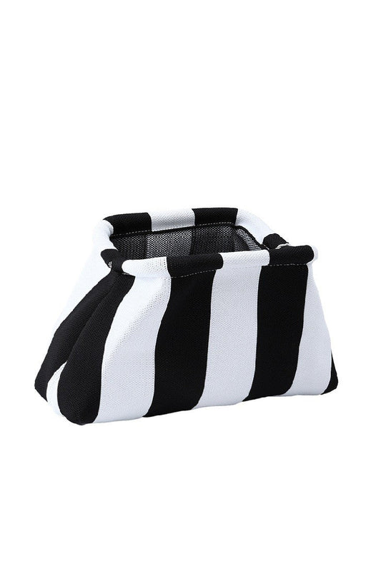 Black and white striped woven kiss-lock clutch with ruched design and cloud frame