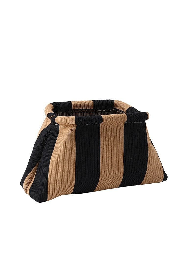 Dark brush and black striped woven kiss-lock clutch with ruched texture and cloud frame