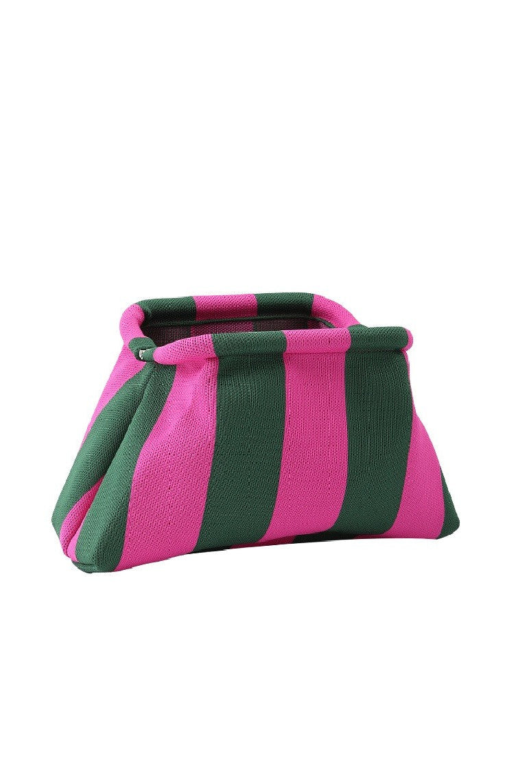 Fuchsia and green striped woven kiss-lock clutch with ruched design and cloud silhouette