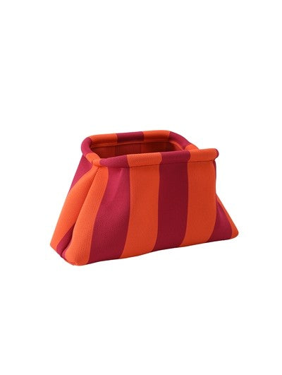 Red and orange striped woven kiss-lock clutch with ruched woven texture and cloud frame
