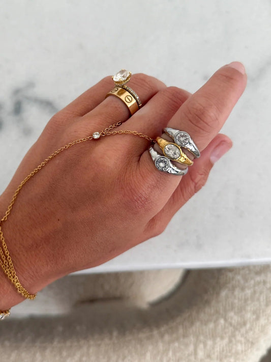 The Annie Ring — 18k gold plated stainless steel water-resistant ring with lifetime warranty, available at Frost Impressions Boutique in Wapakoneta, Ohio.