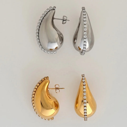 The Hilton Earrings (Gold) — 18k gold plated stainless steel water-resistant chain drop earrings with diamond accents, available at Frost Impressions Boutique in Wapakoneta, Ohio.