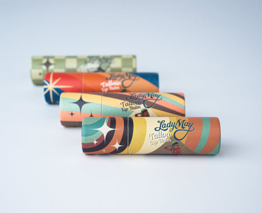 Lady May Tallow Lip Balm — pure and natural moisturizing lip balm made with tallow, beeswax, and jojoba oil, available at Frost Impressions Boutique in Wapakoneta, Ohio.