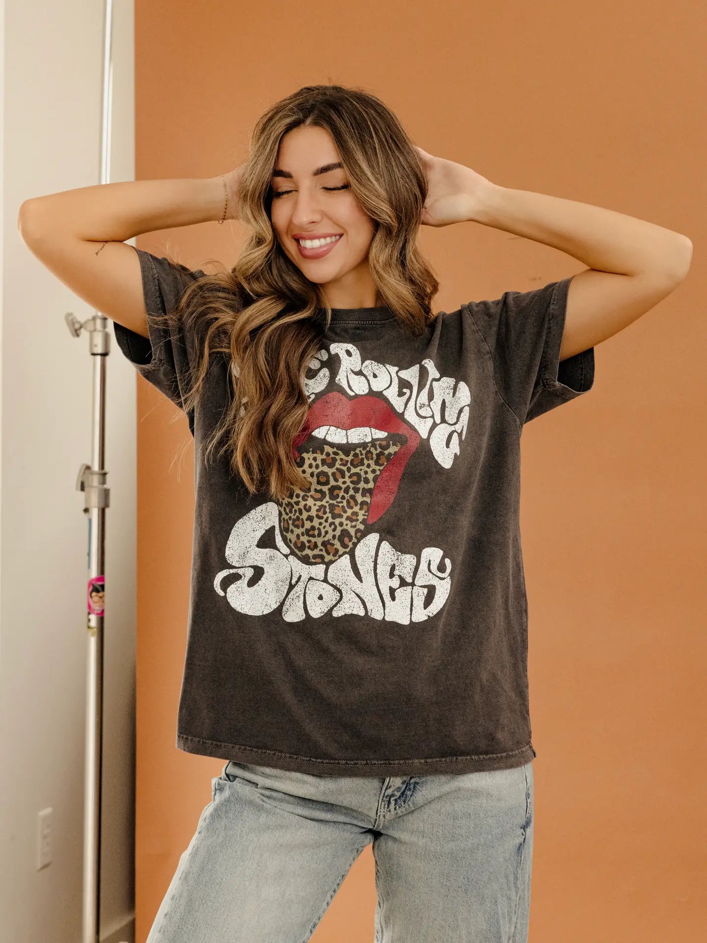 Leopard Stones Smoke Tee — Rolling Stones leopard print logo graphic tee in smoke gray from Frost Impressions Boutique in Wapakoneta, Ohio.