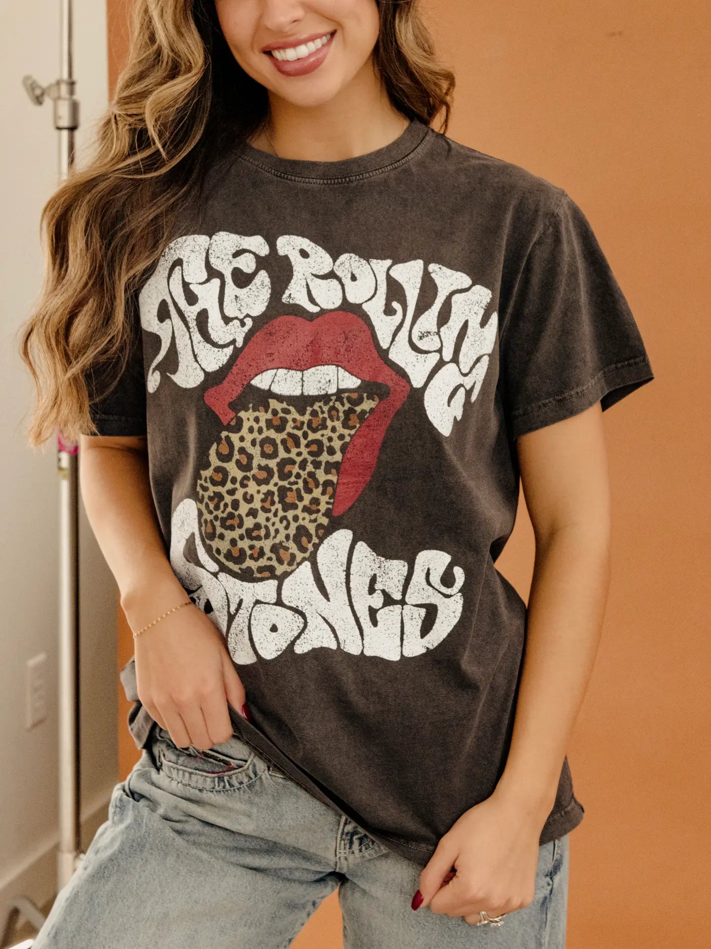 Leopard Stones Smoke Tee — Rolling Stones leopard print logo graphic tee in smoke gray from Frost Impressions Boutique in Wapakoneta, Ohio.