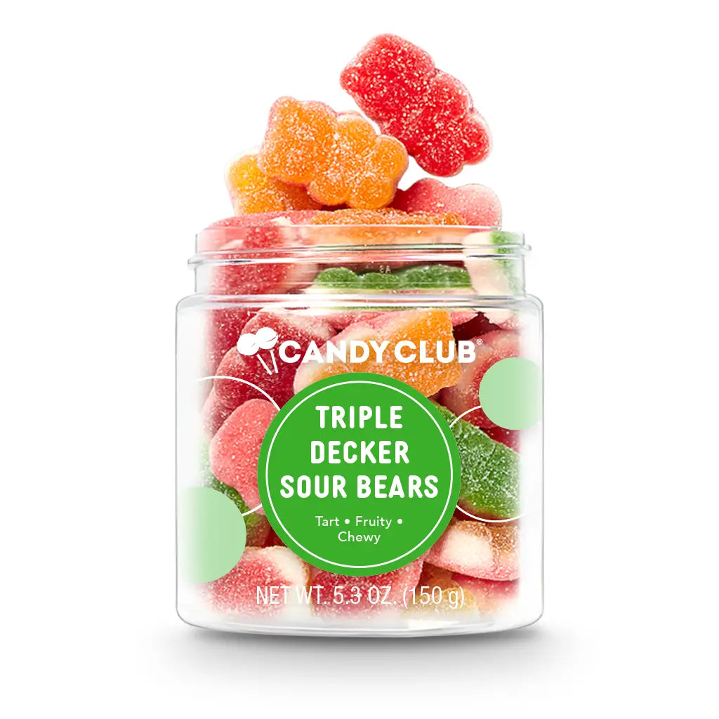 Avery’s Triple-Decker Sour Bears from Candy Club with multicolored fruit layers and sour sugar coating — available at Sweet Impressions by Avery.