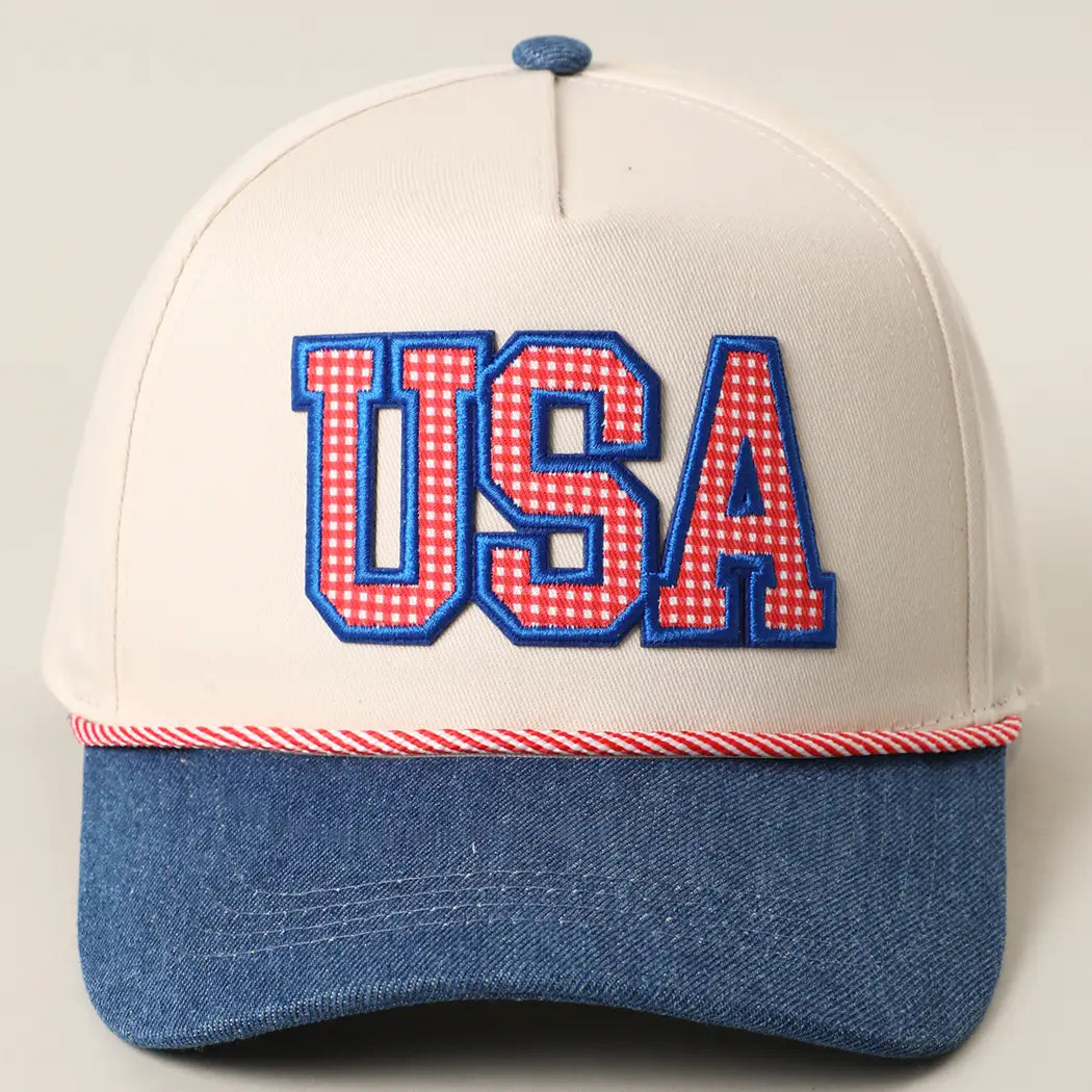 Denim trucker hat with USA gingham letter patches and star detail brim