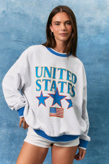 Vintage grey oversized crewneck sweatshirt with bold UNITED STATES graphic and relaxed fit