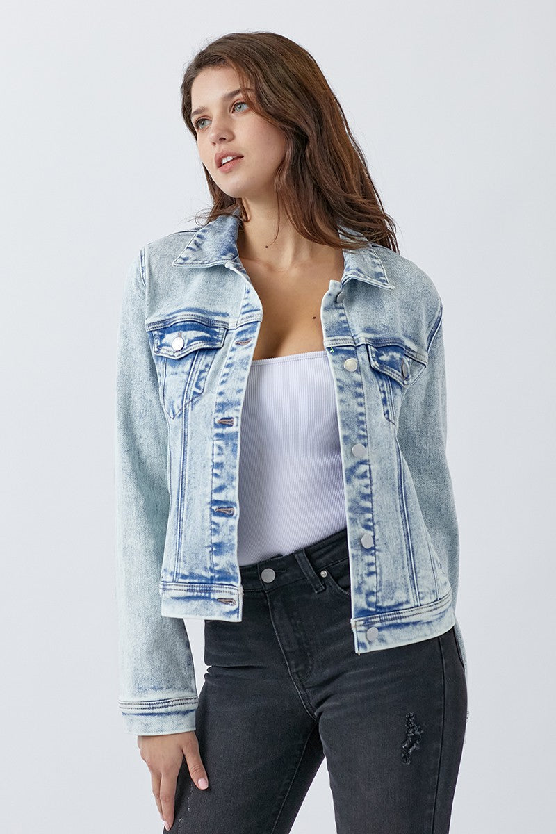 Acid light washed denim jacket with classic button front, soft vintage denim, and relaxed fit