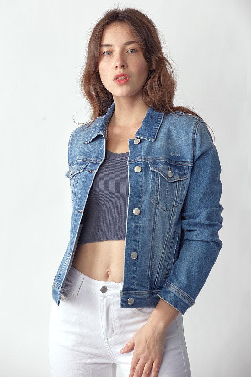 Vintage washed denim jacket with classic button front, soft denim fabric, and timeless fit
