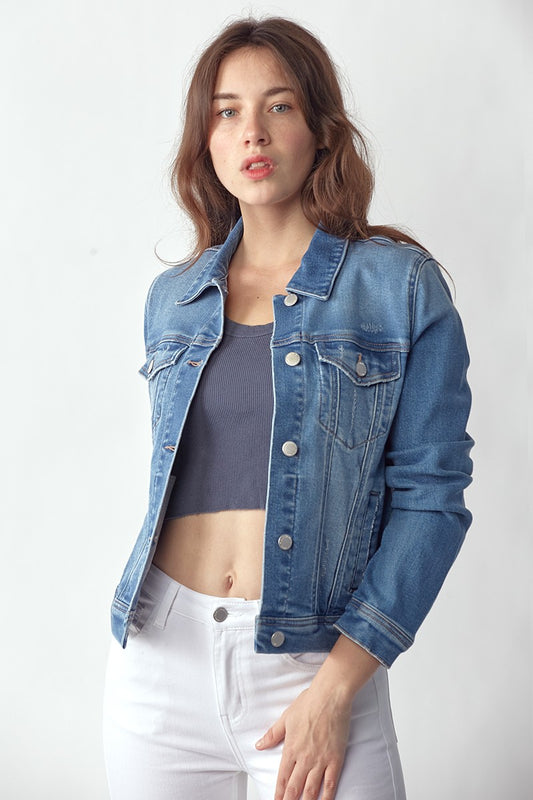 Vintage washed denim jacket with classic button front, soft denim fabric, and timeless fit