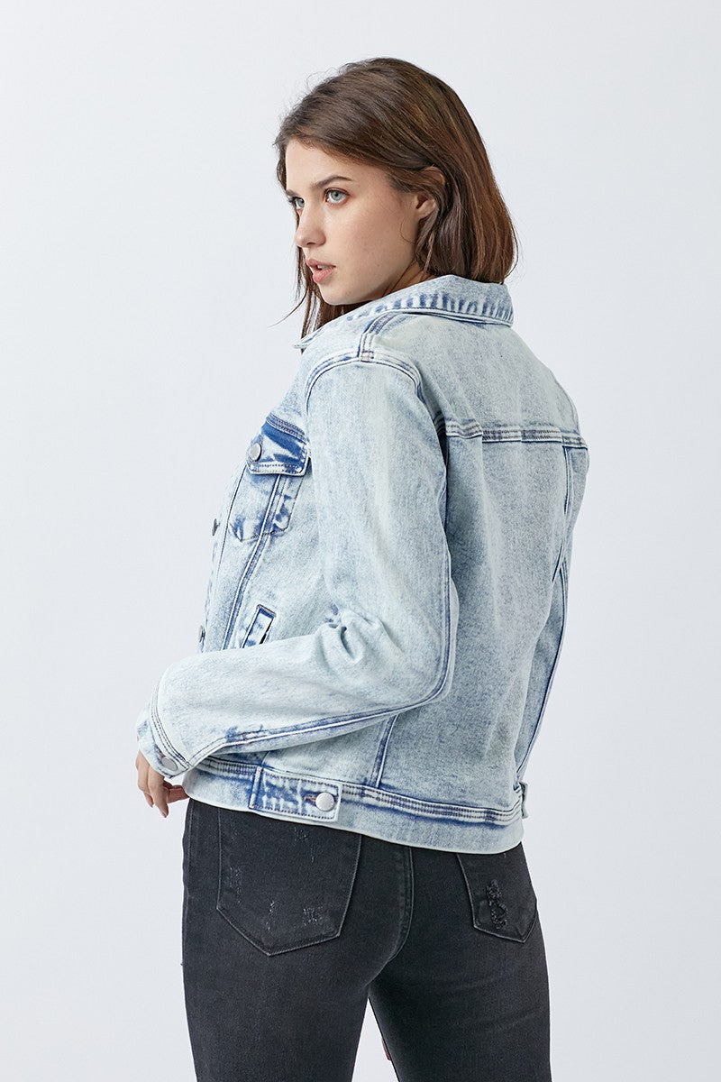 Acid light washed denim jacket with classic button front, soft vintage denim, and relaxed fit