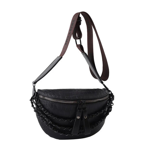 Vivi Chain Crossbody Sling in black — sleek vegan-leather sling bag with gold chain strap from Frost Impressions Boutique in Wapakoneta, Ohio.