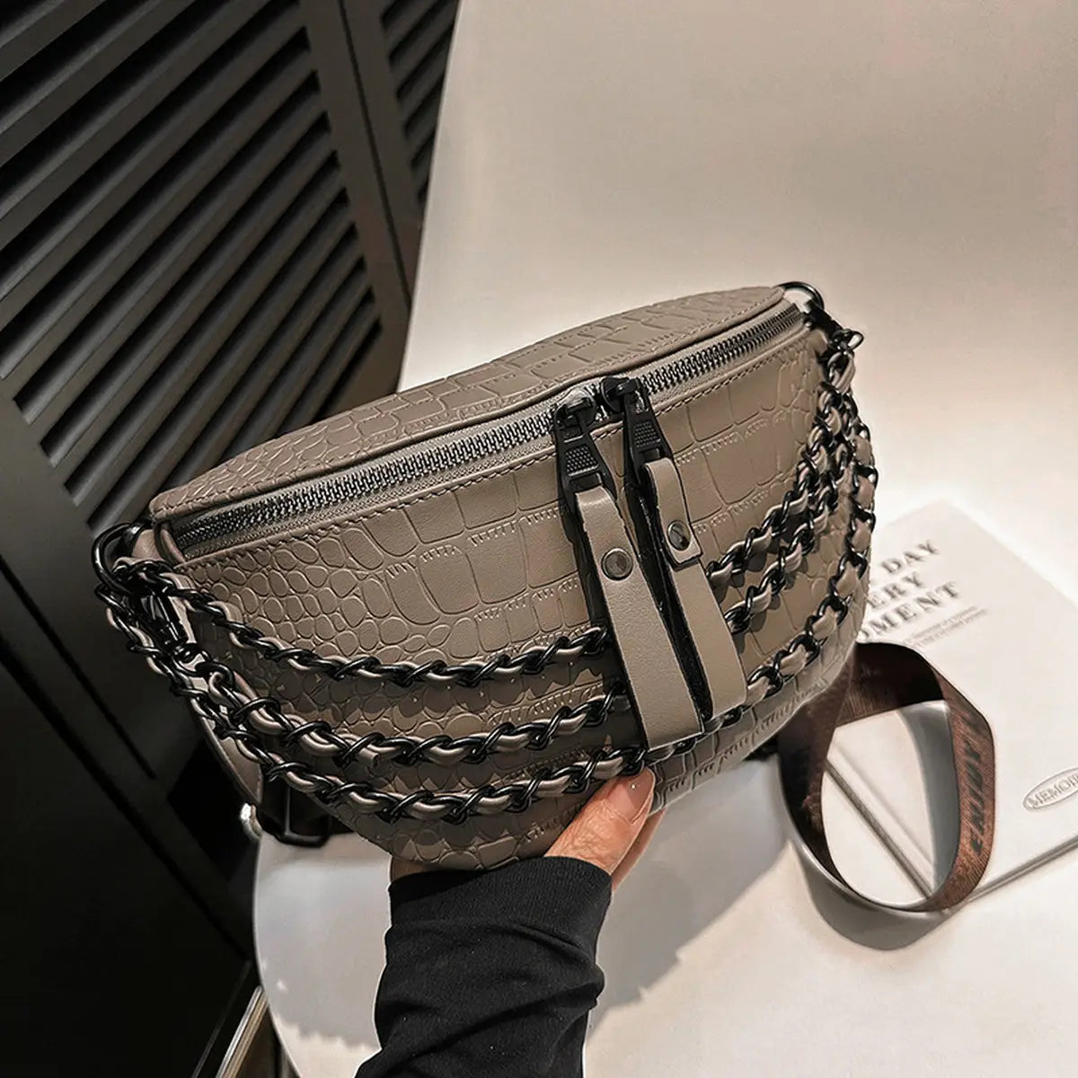 Vivi Chain Crossbody Sling in grey — minimalist vegan-leather bag with gold chain strap from Frost Impressions Boutique in Wapakoneta, Ohio.