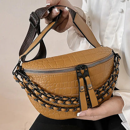 Vivi Chain Crossbody Sling in khaki — tan vegan-leather crossbody bag with gold chain accent from Frost Impressions Boutique in Wapakoneta, Ohio.