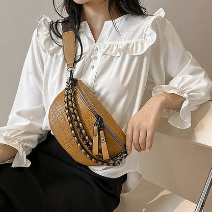 Vivi Chain Crossbody Sling in khaki — tan vegan-leather crossbody bag with gold chain accent from Frost Impressions Boutique in Wapakoneta, Ohio.