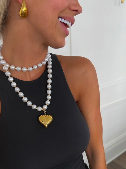 Wrap Around Pearl Heart Necklace — 18k gold plated stainless steel pearl heart necklace, water resistant with lifetime warranty, available at Frost Impressions Boutique in Wapakoneta, Ohio.