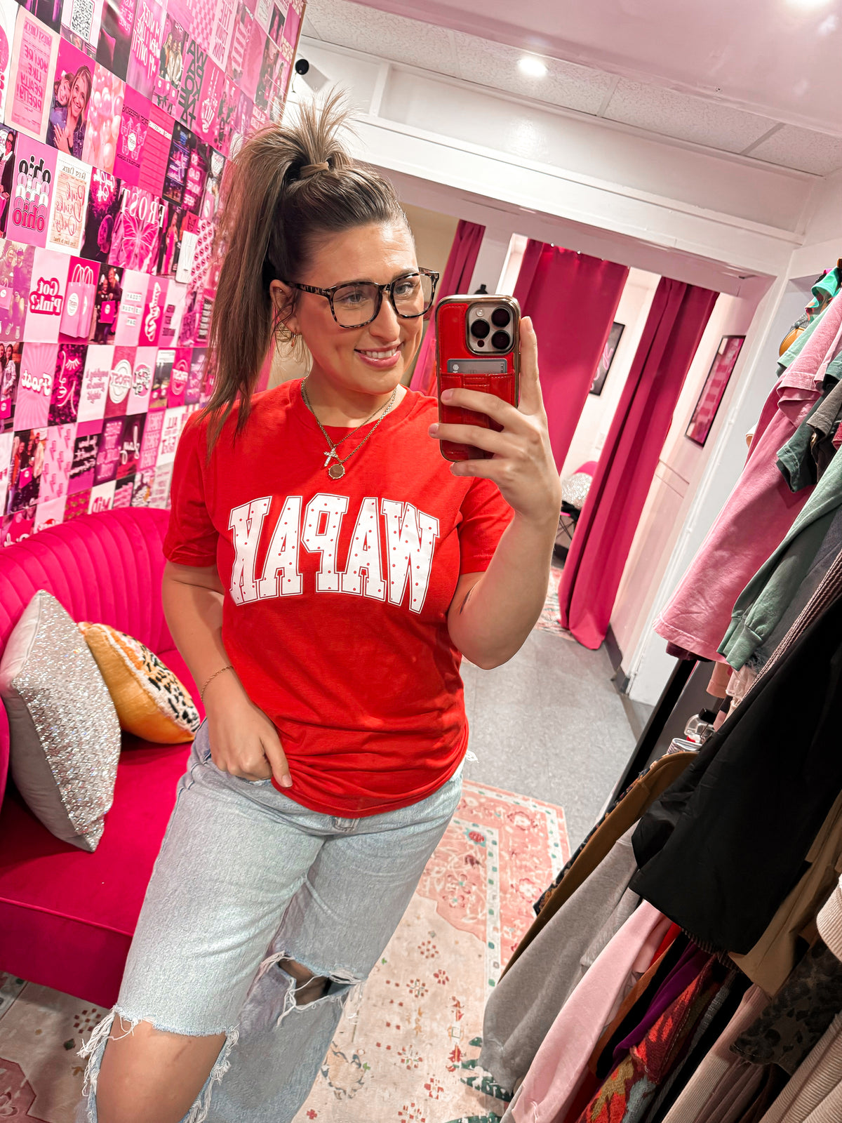 Red Wapak graphic tee with white polka dot design on a Gildan shirt