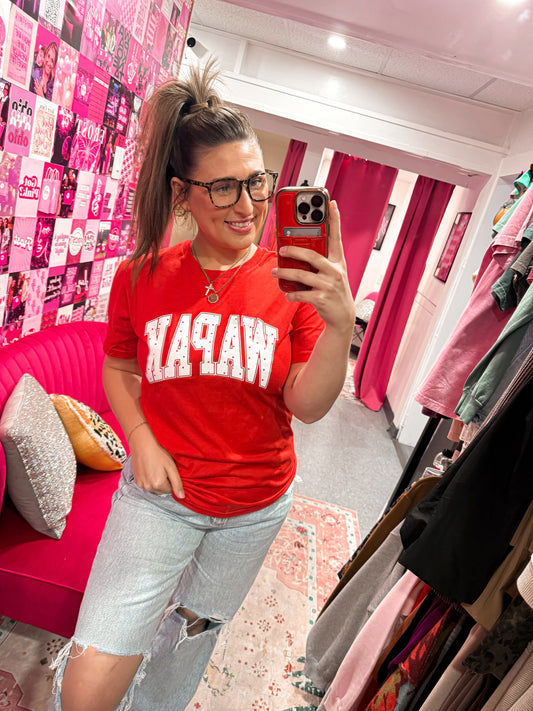 Red Wapak graphic tee with white polka dot design on a Gildan shirt