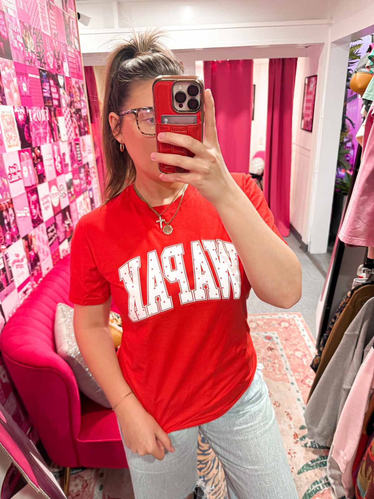Red Wapak graphic tee with white polka dot design on a Gildan shirt