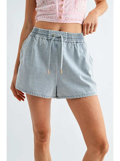 Washed denim drawstring shorts with side button detail and relaxed fit