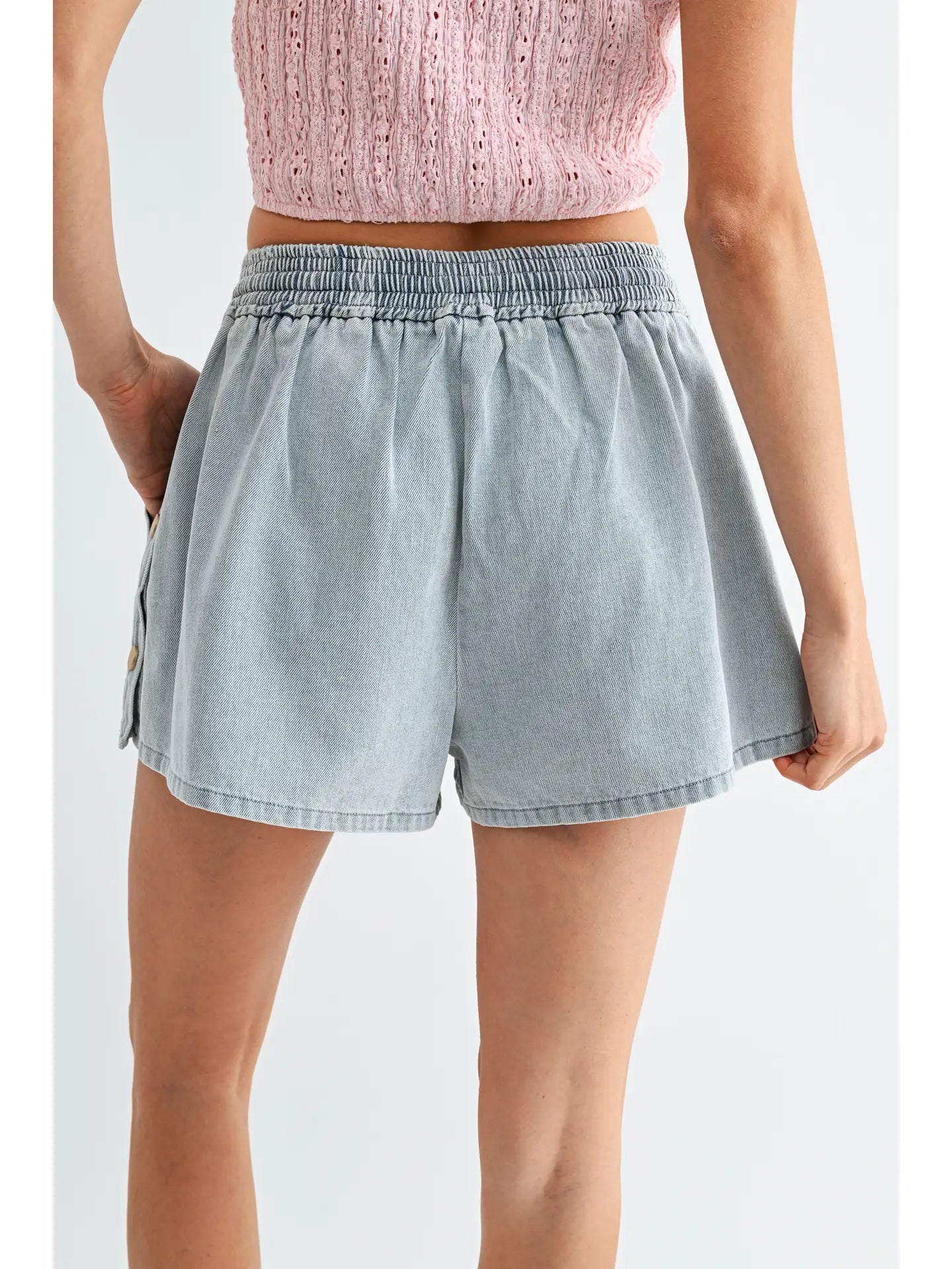 Washed denim drawstring shorts with side button detail and relaxed fit