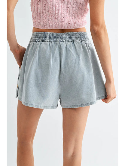 Washed denim drawstring shorts with side button detail and relaxed fit