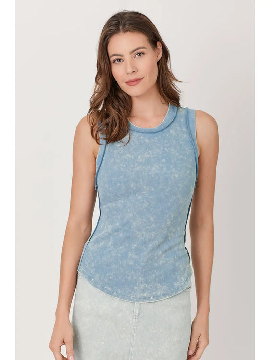 Washed ribbed tank top with hi-lo hem, round neck, and fitted everyday style in multiple colors