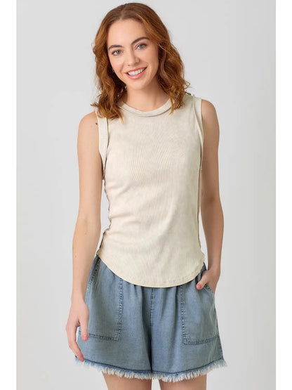 Washed ribbed tank top with hi-lo hem, round neck, and fitted everyday style in multiple colors