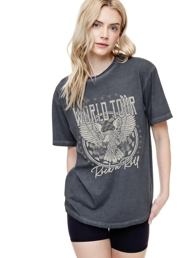 Black World Tour Rock N Roll lunar pigment-dyed tee with vintage eagle graphic and boxy boyfriend fit — Frost Impressions Boutique.