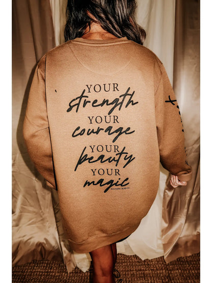 You Are Awesome Crew — camel fleece-lined neutral graphic sweatshirt from Frost Impressions Boutique in Wapakoneta, Ohio.