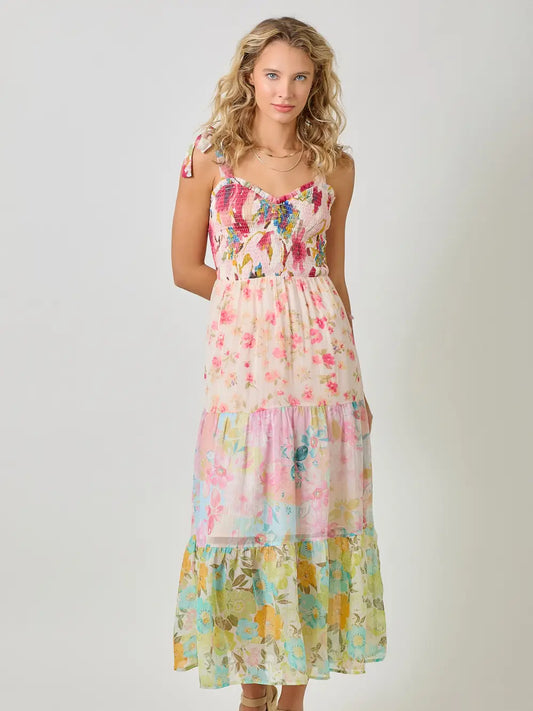 Rose mix tiered midi dress with smocked bodice, sweetheart neckline, ruffled straps, and flowing skirt