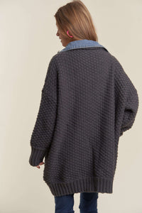 Denim Contrast Sweater Cardi (Grey)